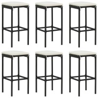Vidaxl Modern Bar Stools Set Of 6 - Black Poly Rattan Stools With Cushions - Weather-Resistant, Comfortable Seating For Indoor/Outdoor Use, Restaurant Or Home