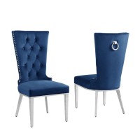 Navy Blue velvet side chair with silver stainless steel base SET OF 2