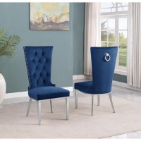 Navy Blue velvet side chair with silver stainless steel base SET OF 2