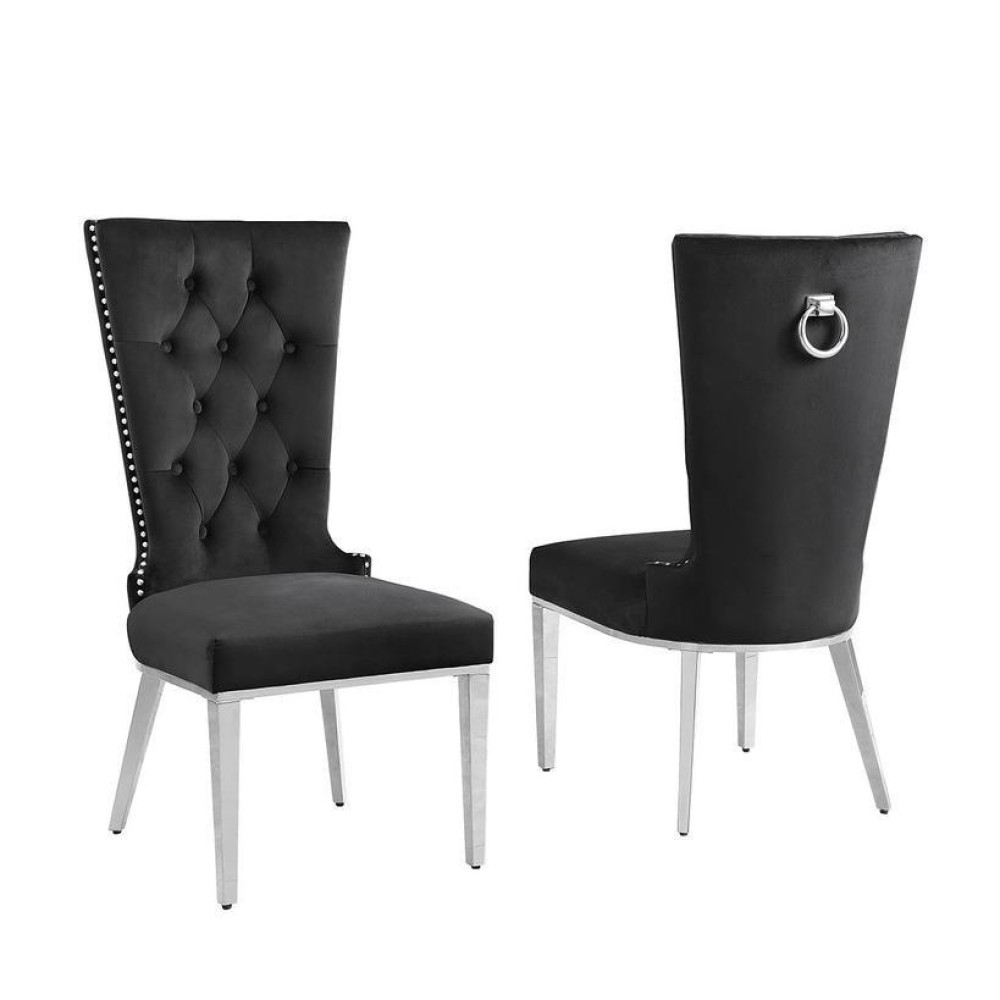 Black velvet side chair with silver stainless steel base SET OF 2