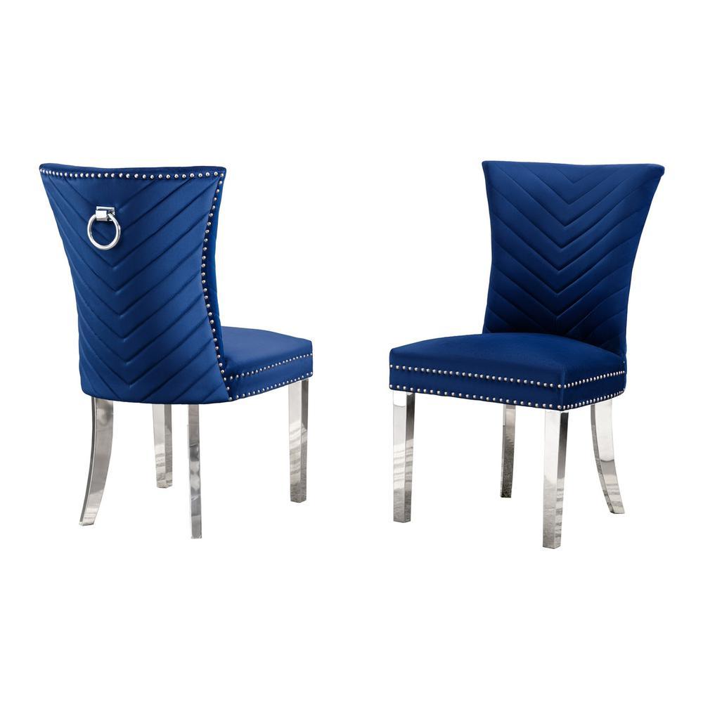 Navy blue velvet side chairs with silver base SET OF 2