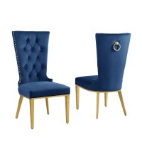 Navy Blue velvet side chair with gold stainless steel base SET OF 2