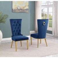 Navy Blue velvet side chair with gold stainless steel base SET OF 2