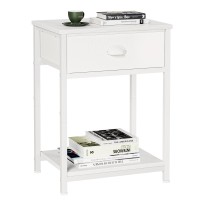 Furologee White Nightstand With Fabric Drawer Small Side Table For Small Spaces 2 Tiers Storage Shelves End Table Night Stand