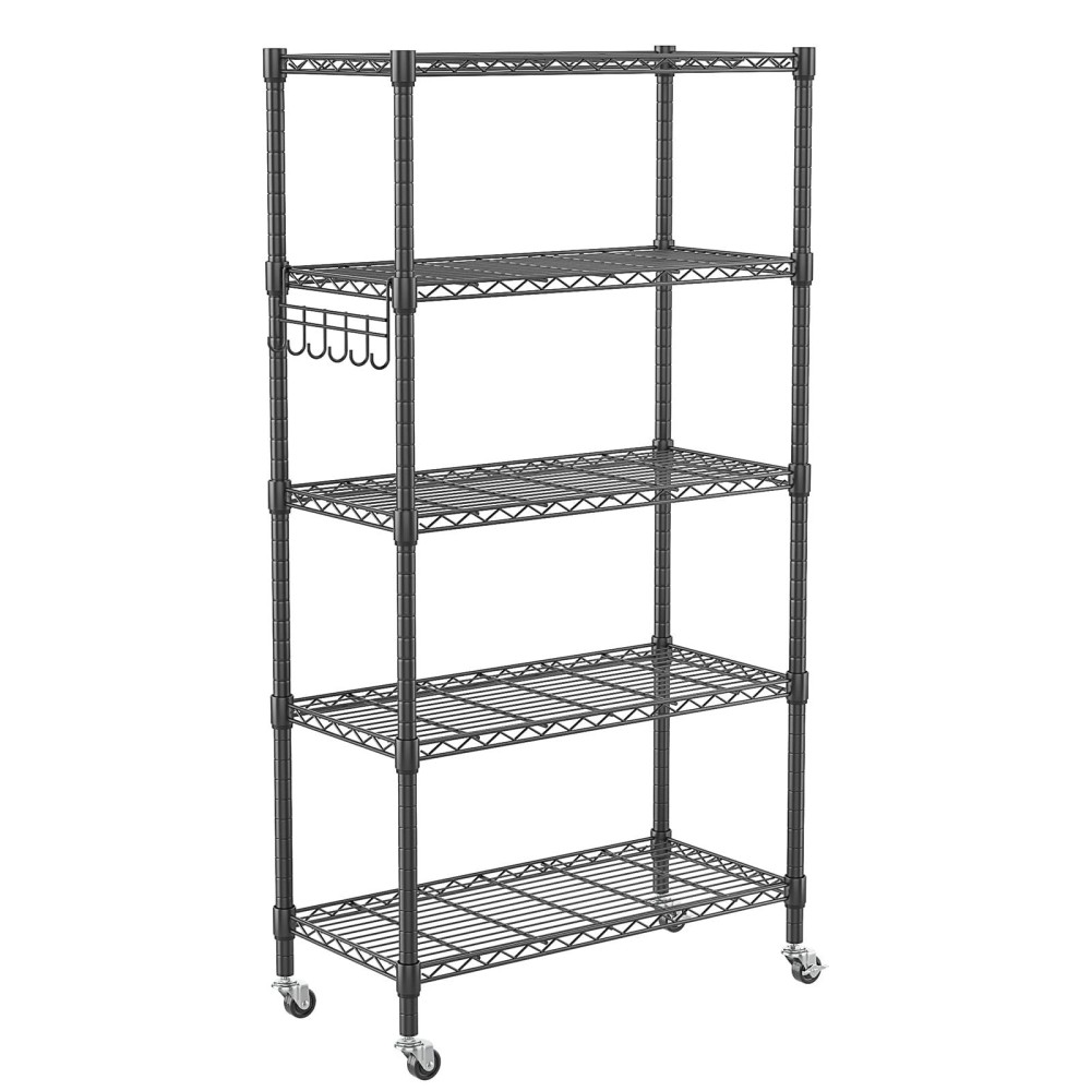 Homdox 5 Tier Metal Storage Shelves With Wheels Heavy Duty Wire Shelving Unit Adjustable Storage Racks With Side Hooks For Bat