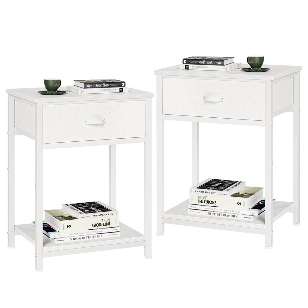 Furologee White Nightstands Set Of 2 End Table With Fabric Drawer Small Side Table For Small Spaces 2 Tiers Storage Shelves E