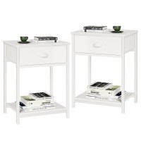 Furologee White Nightstands Set Of 2 End Table With Fabric Drawer Small Side Table For Small Spaces 2 Tiers Storage Shelves E