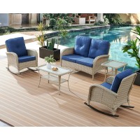 Belord Wicker Conversation Sets Patio Furniture 5 Pcs Outdoor Rocking Chairs With Rattan Loveseat  Wicker Table And Chairs Set For Patio Deck Poolside Blue Cushion