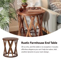 COZAYH Farmhouse End Table, Rustic Round Side Table with X-Motifs Legs, Wood Textured Top, for Boho, French Country Decor, Brown