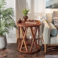 COZAYH Farmhouse End Table, Rustic Round Side Table with X-Motifs Legs, Wood Textured Top, for Boho, French Country Decor, Brown