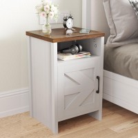 Jummico Farmhouse Nightstand Modern Bedside Table With Barn Door And Shelf Rustic End Table Side Table For Bedroom Living Roo