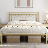 Yaheetech Queen Bed Frame, Metal Platform Bed With Modern Style Petal Accented Headboard, Mattress Foundation With Spacious Underbed Storage,No Box Spring Needed, Easy Assembly, Antique Gold Queen Bed