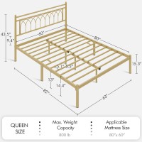 Yaheetech Queen Bed Frame, Metal Platform Bed With Modern Style Petal Accented Headboard, Mattress Foundation With Spacious Underbed Storage,No Box Spring Needed, Easy Assembly, Antique Gold Queen Bed