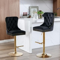 I-Pook Swivel Bar Stools Set Of 2, Adjustable Counter Height Barstools With Thickened Cushion, Pull Ring And Nailheads Trim, Velvet Upholstered Bar Chairs For Home Pub Kitchen Island Cafe, Black