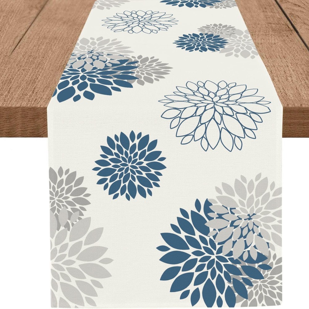 Whomeaf Green Grey Table Runner Wild Dahlia Pinnata Flower Table Runners Modern Elegant Pompon Farmhouse Geometric Table Center Decor For Home Dining Party Entrance Patio (13X72 Inch)