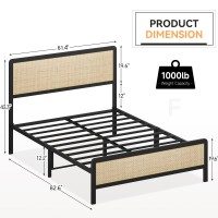 Amyove Queen Bed Frame With Natural Rattan Headboard And Footboard, Metal Platform With Strong Metal Slats Support, Boho Cane Bed With Curved Headboard Mattress Foundation, No Box Spring Needed