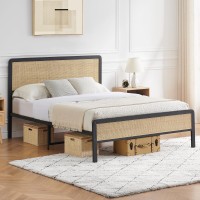 Amyove Queen Bed Frame With Natural Rattan Headboard And Footboard, Metal Platform With Strong Metal Slats Support, Boho Cane Bed With Curved Headboard Mattress Foundation, No Box Spring Needed