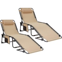 Kingcamp Chaise Lounge Outdoor Adjustable Textilene Waterproof Patio Lounge Chair,Folding Tanning Chair For Lawn,Beach,Pool And Sunbathing,Portable Camping Reclining Chair With Pillow (2, Light Beige)