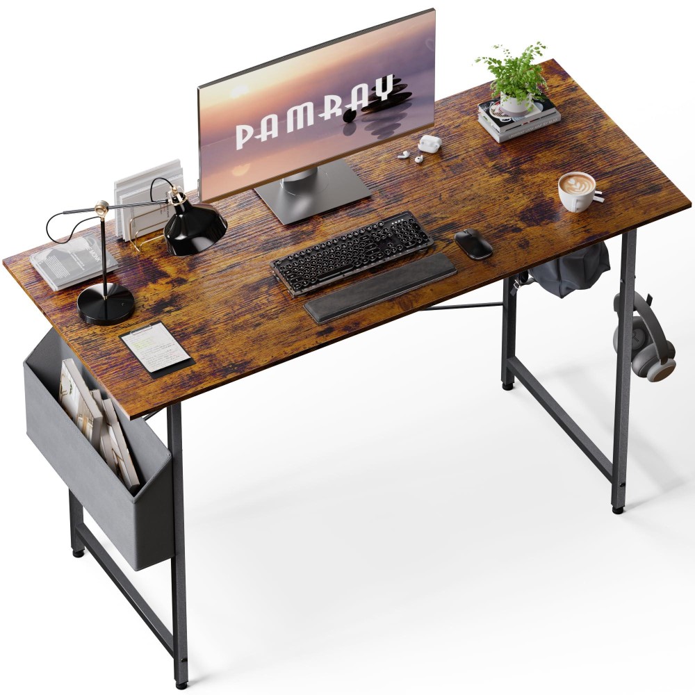 Pamray 47 Inch Computer Desk For Small Spaces With Storage Bag, Home Office Work Desk With Headphone Hook, Small Office Desk Study Writing Table