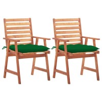 Vidaxl Outdoor Dining Chairs With Cushions - Set Of 2, Natural Solid Acacia Wood, Comfortable Seating, Green Cushion, Weather-Resistant, Easy Assembly