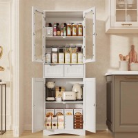 Gizoon Tall Kitchen Storage Cabinet With 2 Drawers, Freestanding Pantry Cabinet With Glass Doors, Large Modern Cupboard For Home Kitchen, Bathroom, Living Room, Office, White