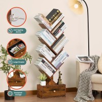 Sheepam 8 Tier Tree Bookshelf With Drawer Free Standing Wood Bookcase For Narrow Space Storage Organizer Bookshelves For Books