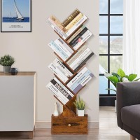 Sheepam 8 Tier Tree Bookshelf With Drawer Free Standing Wood Bookcase For Narrow Space Storage Organizer Bookshelves For Books