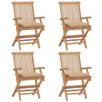 Vidaxl Patio Chairs Set - 4 Pcs Outdoor Furniture, Beige Cushions, Foldable, Lightweight & Weather-Resistant, Solid Teak Wood - Ideal For Garden, Terrace Or Patio