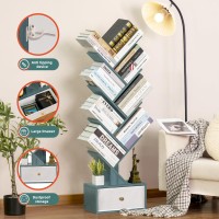 Sheepam 8 Tier Tree Bookshelf With Drawer Free Standing Wood Bookcase For Narrow Space Storage Organizer Bookshelves For Books