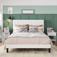 Allewie Full Bed Frame, Velvet Upholstered Platform Bed With Adjustable Vertical Channel Tufted Headboard, Mattress Foundation With Strong Wooden Slats, Box Spring Optional, White