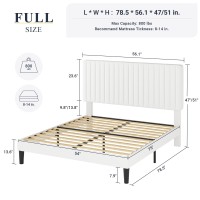 Allewie Full Bed Frame, Velvet Upholstered Platform Bed With Adjustable Vertical Channel Tufted Headboard, Mattress Foundation With Strong Wooden Slats, Box Spring Optional, White