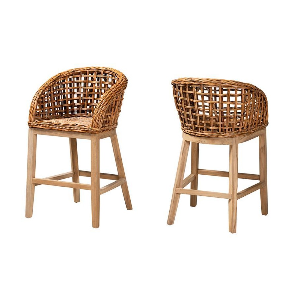 Natural Brown Finished Teak Wood and Rattan 2Piece Counter Stool Set