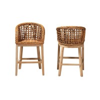 Natural Brown Finished Teak Wood and Rattan 2Piece Counter Stool Set