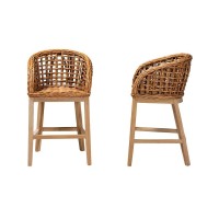 Natural Brown Finished Teak Wood and Rattan 2Piece Counter Stool Set