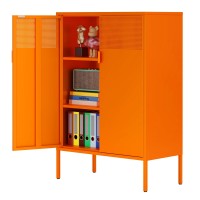 Ustamio Orange 3 Tier Metal Storage Cabinet With Legs 2 Door Metal Locker Style Accent Storage Cabinet With 2 Adjustable Shelve