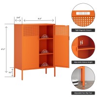 Ustamio Orange 3 Tier Metal Storage Cabinet With Legs 2 Door Metal Locker Style Accent Storage Cabinet With 2 Adjustable Shelve