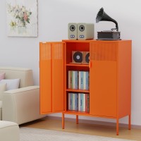 Ustamio Orange 3 Tier Metal Storage Cabinet With Legs 2 Door Metal Locker Style Accent Storage Cabinet With 2 Adjustable Shelve