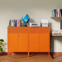 Ustamio Orange 3 Tier Metal Storage Cabinet With Legs 2 Door Metal Locker Style Accent Storage Cabinet With 2 Adjustable Shelve