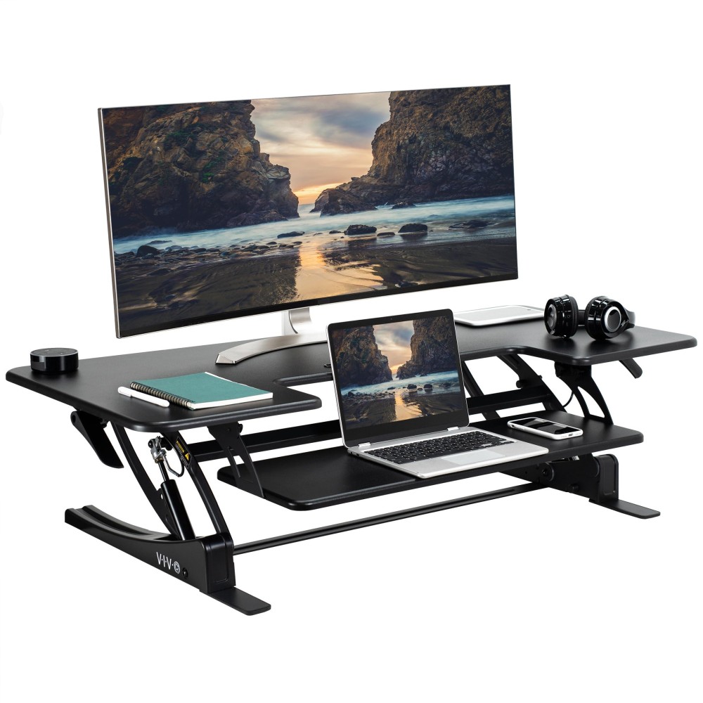 Vivo 48 Inch Height Adjustable Large Stand Up Desk Converter, V Series, Quick Sit To Stand Tabletop Dual Monitor Riser Workstation, Black, Desk-V048V