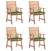Vidaxl Solid Acacia Wood Patio Dining Chairs With Green Cushions, Set Of 4, Outdoor Garden Furniture, Weather-Resistant, Rustic Design, Easy Assembly