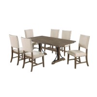 7 piece modern farmhouse dining set in brown oak and beige linen side chairs