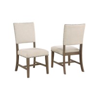 Upholstered dining chiar in brown oak and beige linen SET OF 2