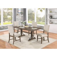 Upholstered dining chiar in brown oak and beige linen SET OF 2