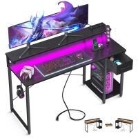 Aodk Gaming Desk With Led Lights Power Outlet 55 Inch Computer Desk With Drawer Reversible Desk With Adjustable Monitor Shel