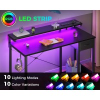 Aodk Gaming Desk With Led Lights Power Outlet 40 Inch Computer Desk With Drawer Reversible Desk With Adjustable Monitor Shel