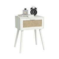Awasen White Rattan Nightstand, Modern Bedside Table With Rattan Drawer, End Table With Storage And Solid Wood Legs For Bedroom Living Room Small Space (White)