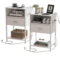 Ldttcuk Nightstand Set Of 2 With Charging Station, Modern End Table With Drawer, White Bedside Table With Open Storage For Bedroom