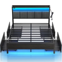 Rolanstar Bed Frame Queen Size With Charging Station And Led Lights, Upholstered Storage Headboard With Drawers, Heavy Duty Metal Slats, No Box Spring Needed, Noise Free, Easy Assembly, Dark Grey