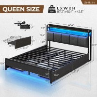 Rolanstar Bed Frame Queen Size With Charging Station And Led Lights, Upholstered Storage Headboard With Drawers, Heavy Duty Metal Slats, No Box Spring Needed, Noise Free, Easy Assembly, Dark Grey