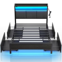 Rolanstar Bed Frame Twin Size With Charging Station And Led Lights, Upholstered Storage Headboard With Drawers, Heavy Duty Metal Slats, No Box Spring Needed, Noise Free, Easy Assembly, Dark Grey